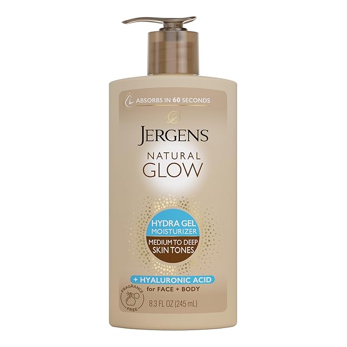 Jergens Natural Glow Hydra Gel Moisturizer, Gradual Tanning Lotion with Hyaluronic Acid, Hydrating Tanning Gel, Fragrance-Free Self Tanner, Medium to Deep Skin Tones 8.3 Fl Oz