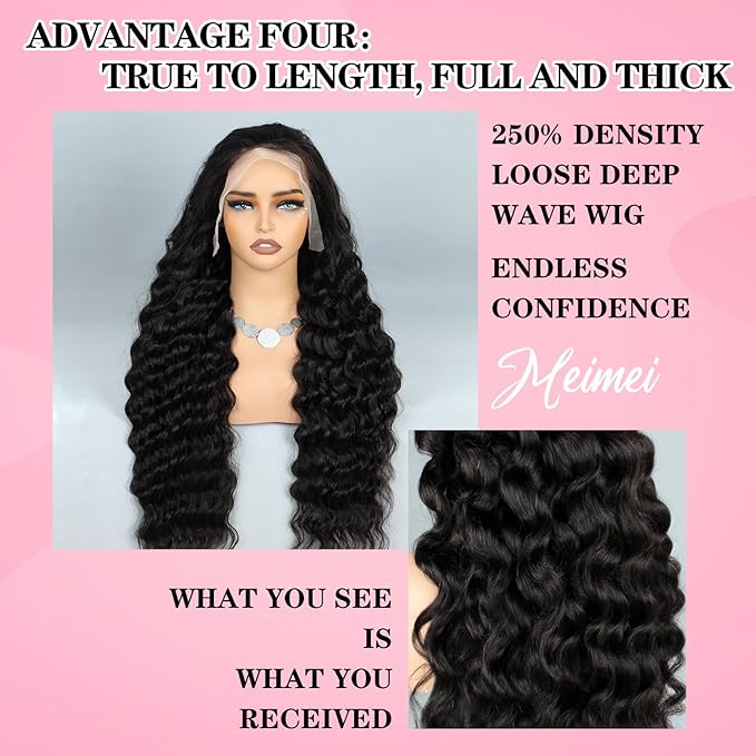 MEIMEI Loose Wave HD Full Lace Front Wigs Human Hair 250% Density 15A Grade 13x4 Loose Deep Wave Wig Real Full Large Lace Space Glueless Lace Frontal Wigs Human Hair Pre Plucked for Women 18 Inch