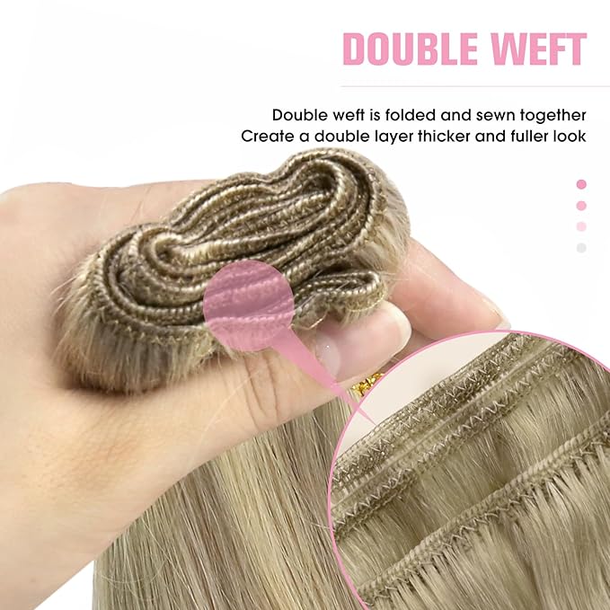 YoungSee 24Inch Weft Hair Extensions Human Hair Blonde Highlight Sew in Hair Extensions Golden Blonde Highlighted Dark Ash Blonde Smooth Double Weft Human Hair Extensions 100G