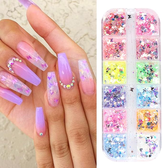 12 Grids Flaky Nail Art Glitter Sequins 3D Heart-Shaped Butterfly Ultra Thin Nail Art Sparkly Flake Designs Moon Stars Decorations Nail Glitter Sequins Suitable for Female Girl Nail Art Techniques