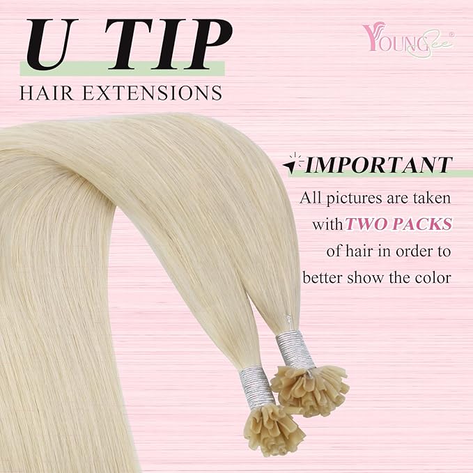 YoungSee U Tips Hair Extensions Real Human Hair Blonde Utip Real Hair Extensions Platinum Blonde 20 Inch K Tips Hair Extension Human Hair Hot Fusion Ktip Extension For Women 1G/S 50G