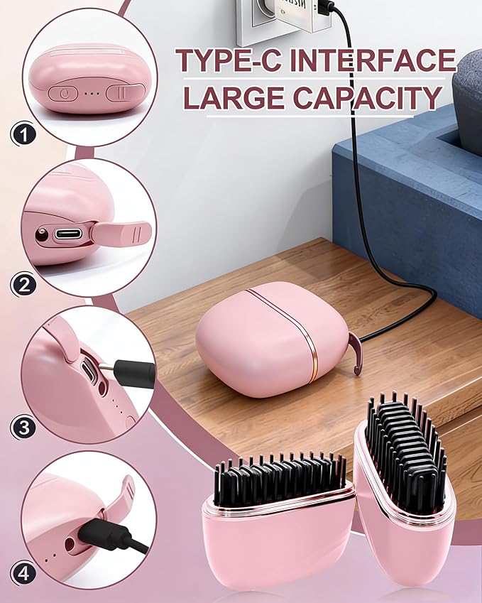 Mini Hair Straightener, Rechargeable Cordless Portable Hair Straighteners, 3-Speed Temperature Travel Hair Straightener for Women Home &Travel (Pink)