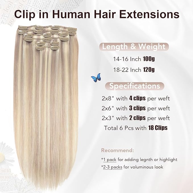 XDhair Human Hair Clip in Extensions 120g 22 Inch Ash Blonde Highlights Bleach Blonde Clip in Hair Extensions Real Human Hair Silky Straight 6pcs #18P613