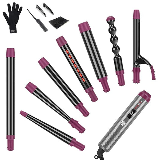 IG INGLAM Curling Iron Wand Set, 8 in-1 Interchangeable Ceramic Barrels with Infrared, Cucurbit, Tapered, Extended, 1in, 1 1/4 in, 3/4in Barrels and Clips