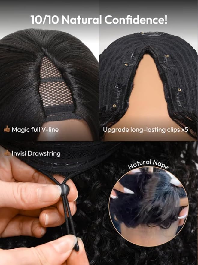 KLAIYI Ombre Brown V Part Body Wave Human Hair Upgrade U Part Wig with Dark Roots Glueless Chestnut Brown Clip in Half Wig No Glue No Leave Out Beginner Wigs for Women Ready To Wear and Go 150% 26Inch