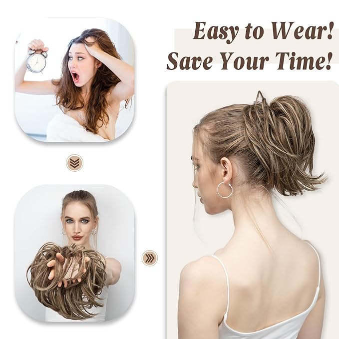 SARLA Messy Hair Bun Hair Pieces Curly Synthetic Updo Fake Scrunchies Ponytail Extension for Women Dark Brown 1PCS