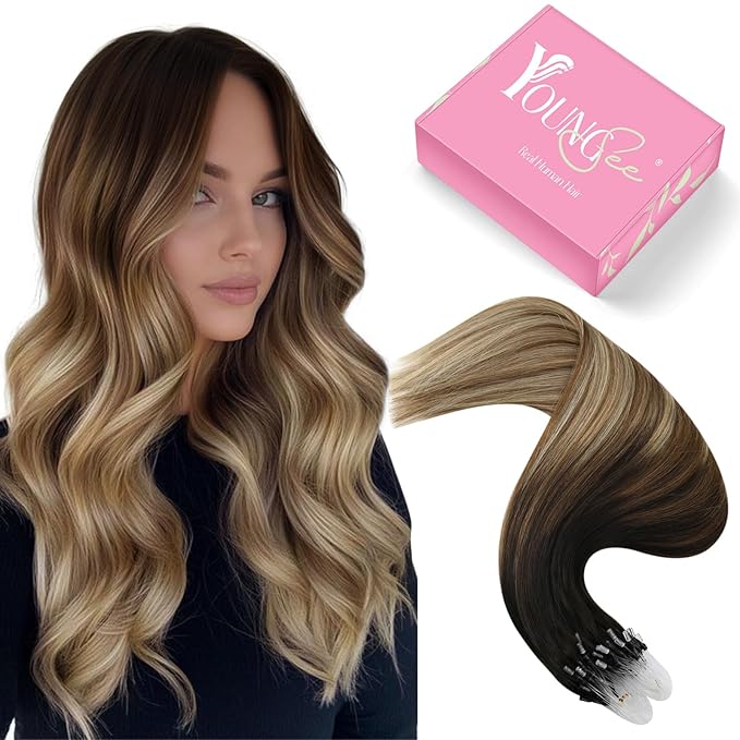 YoungSee Micro Bead Hair Extensions Real Human Hair Balayage Microbead Hair Extensions Dark Brown Ombre Medium Browns with Blonde Beaded Hair Extension 22In Pre Bonded Hair Extension 50g 50s