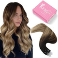 YoungSee Microlink Hair Extensions Human Hair Balayage Micro Ring Hair Extensions Ombre Dark Brown to Medium Browns with Blonde Hair Extension Beaded 20Inch 50g 50s Cold Fusion Hair Extension