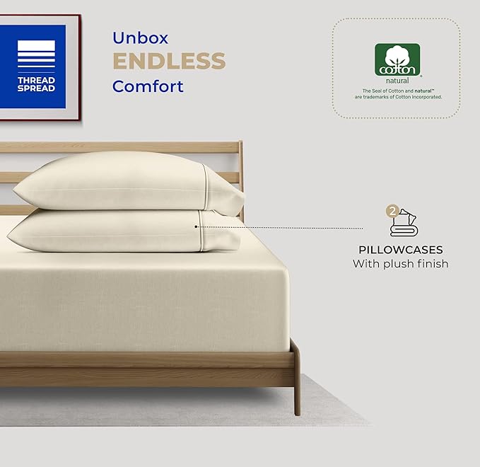 THREAD SPREAD 100% Cotton King Size Pillow Cases Set of 2-400 Thread Count Pillow Cases King Size Set of 2 (Ivory), Luxuriously Soft Hotel Quality Sateen Weave Pillowcases, Crisp & Cool