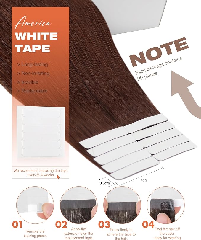 Sunny Hair Tape in Hair Extensions Real Human Hair Invisible Remy Hair Extensions Tape ins for Women Auburn Brown 20 inch 20Pcs 50G