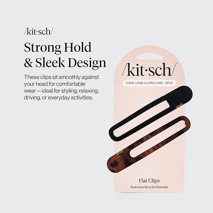 Kitsch Flat Hair Clips for Women - Strong Hold, No Slip Grip Flat Claw Clips | Sleek Curved Design For Comfortable Look | Hair Accessories For Girls | Ideal Gifts for Women - Black & Tortoise, 2pcs