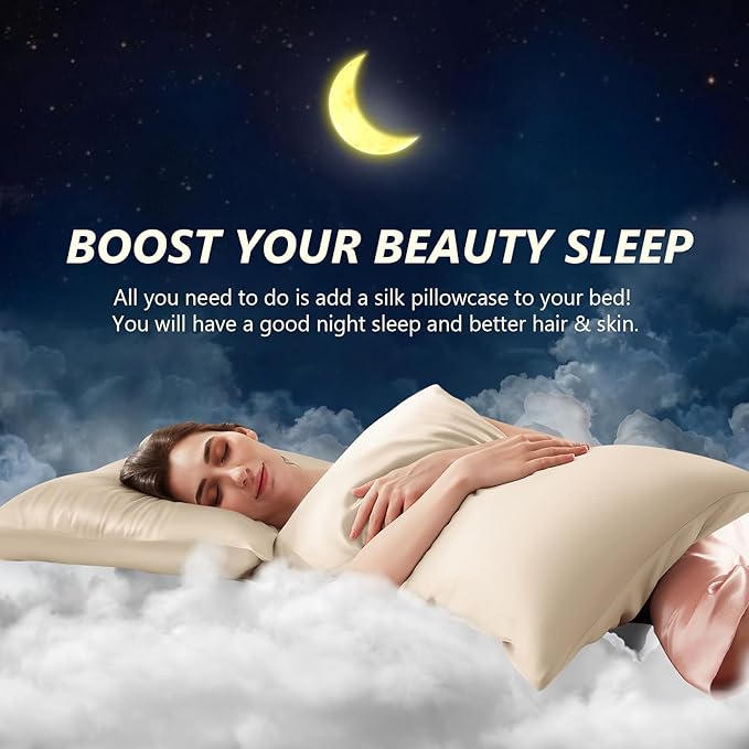 Silk Pillow Cases Queen Size 100% Mulberry Silk Pillowcase for Hair and Skin 22 Momme Both Side Grade 6A Silk Cooling Soft Breathable 20 x 30 Inches with Hidden Zipper 1PC, Beige