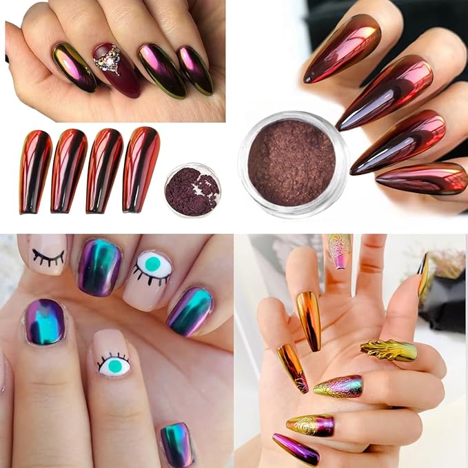 8Pcs Chameleon Chrome Nail Powder,Chrome Powder for Gel Nails Nail Chrome Powder Mirror Effect Holographic Aurora Iridescent Pearlescent Manicure(8 colors)