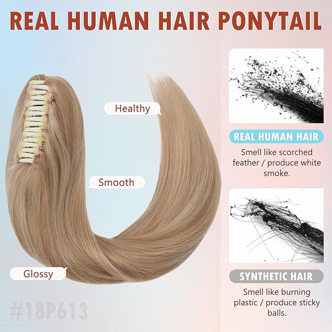 Hairro Claw Clip Ponytail Human Hair Extensions Jaw On Ponytails Remy Long Straight Jaw/Claw Clips Pony Tail Hairpieces For Women 20 Inch 120g #18P613 Ash Blonde Mix Bleach Blonde