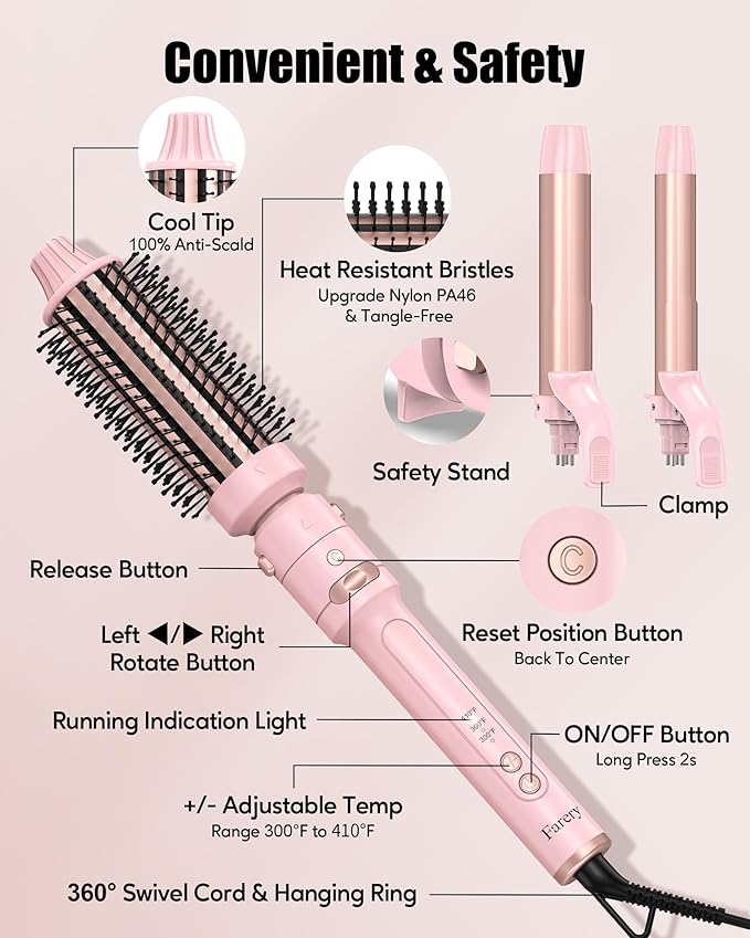 Farery 3-in-1 Interchangeable Automatic Rotating Curling Iron & Thermal Brush Set, 1'' /1.25'' Curling Iron, Automatic Hair Curler with 1.5'' Heating Round Curling Brush, 3 Temps Adjustable 300-410°F