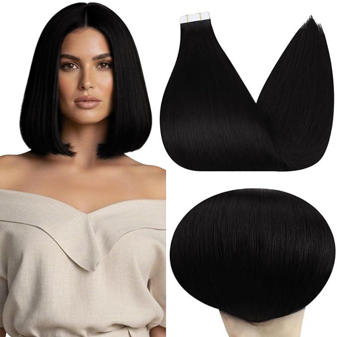 Full Shine Invisible Tape in Hair Extensions Color 1 Jet Black Real Human Hair Extensions Tape in 10 Inch Seamless Tape ins Human Hair Extensions 20 Pcs 30 Grams Soft Remy Hair Extensions Straight