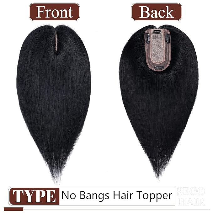 SEGO Hair Topper for Women, No Bangs Real Human Hair Topper with Anti-Slip Clips (10 Inches #1 Jet Black)