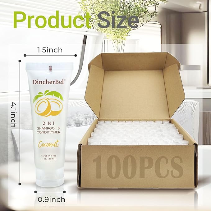 Travel Size 2 in 1 Shampoo & Conditioner, Refreshing Tropical Coconut Scent Shampoo Amenities - Small Hotel Toiletries in Bulk (1 Fl Oz, 100 Pack)