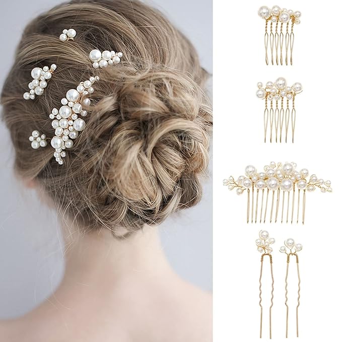 Pearl Hair Combs and Hair Pins for Bridal Women, Decorative Hair Accessories for Wedding Prom, Set of 5 (Silver)