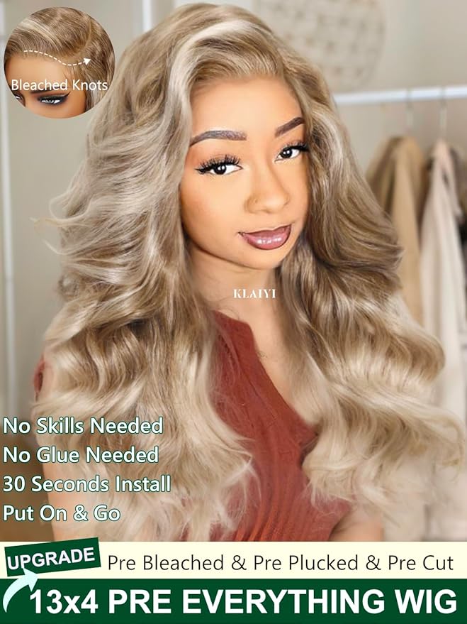 KLAIYI Ombre Ash Blonde Loose Body Wave Pre Everything Glueless 13x4 Lace Front Wigs Human Hair Balayage Precut Pre Plucked Bleached Bye Bye Knots 30S Ready to Wear and Go Wig Beginner Friendly 18Inch