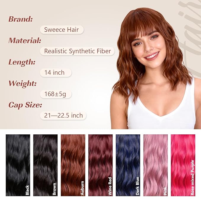 Bob Wig With Bangs Wave Wigs for Women 14 Inch Short Loose Wavy Heat Resistant Synthetic Wig Shoulder Length Hair for Daily and Cospaly Party Use (Auburn)