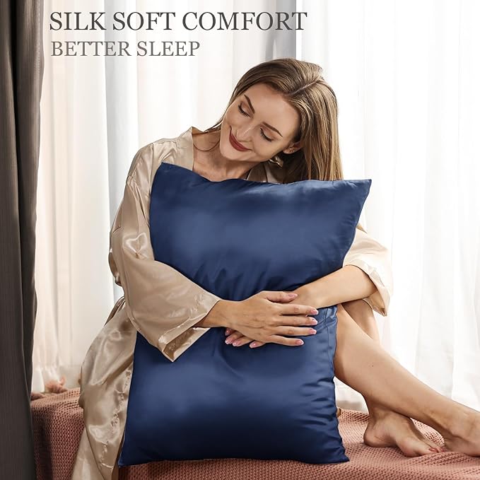 Adubor 100% Silk Pillowcase - Mulberry Silk Pillow Cases, 23 Momme 6A Grade Fibers, Silk Pillow Case for Hair and Skin Health, with Hidden Zipper (King 20''×36'', Navy Blue, 1PC)