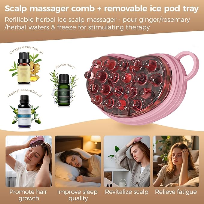 Ice Compress Scalp Massager Hair Growth Massage Comb - Upgraded Raised Dot Ice Tray Design for Tension Headache Relief and Scalp Care (Pink)
