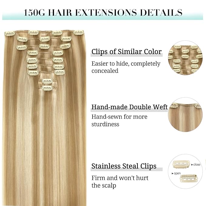 DOORES Clip in Human Hair Extensions, Dark Blonde Highlighted Bleach Blonde 150g 9pcs 20 Inch, Remy Hair Extensions Clip in Real Natural Hair Extensions Straight Thick