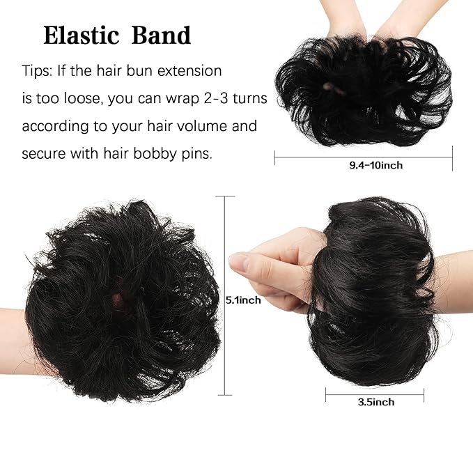 FESHFEN Human Messy Buns - 100% Human Hair Bun Real Scrunchies Hair Pieces Ponytail Extensions Wavy Tousled Updo Chignon Hairpieces for Women, Black