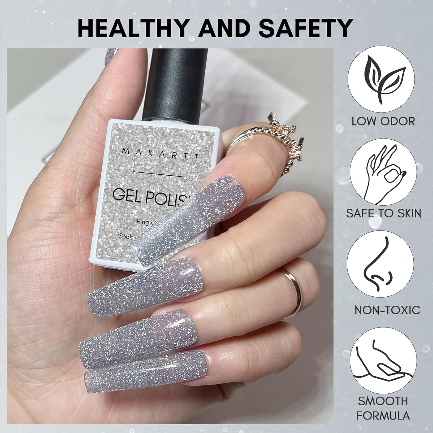 Makartt Glitter Gel Nail Polish - Flash Grey Diamond Reflective Sparkly Gel, UV LED Soak Off for Nail Art Designs, 15ml DIY Home Salon Manicure