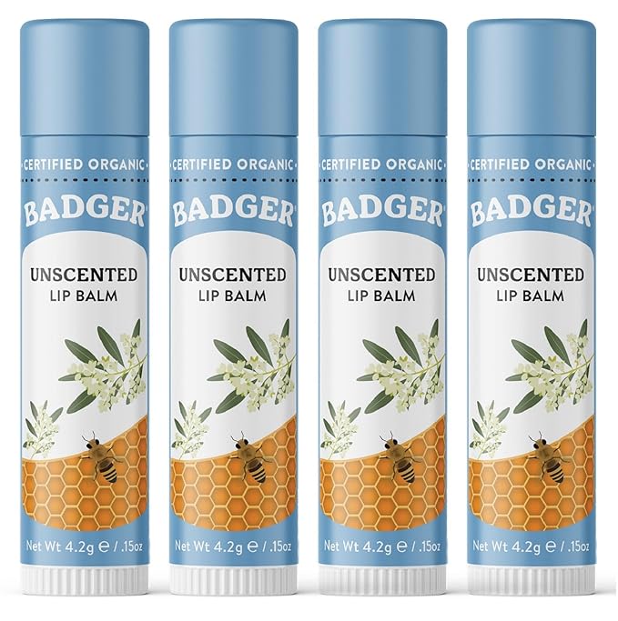 Badger - Classic Lip Balm, Unscented, Made with Organic Olive Oil, Beeswax & Rosemary, Certified Organic, Moisturizing Lip Balm, 0.15 oz (4 Pack)