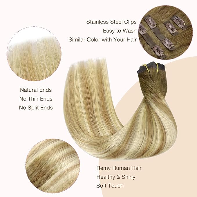 GOO GOO Clip in Hair Extensions Real Human Hair, Remy Human Hair Extensions Clip ins for Women, Natural Human Hair, 14inch 110g 7Pcs, 5A/90/16F Bahamian Balayage