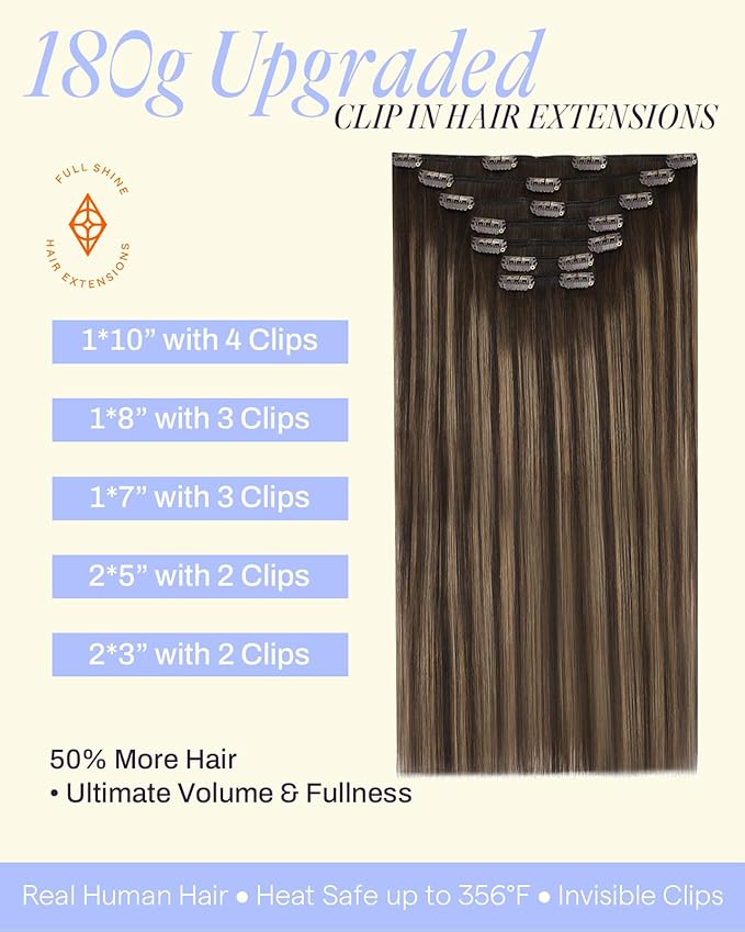 Full Shine Clip on Hair Extensions 180 G 20 Inch Dark Brown to Light Brown Hair Extensions Clip in for Styling 7 Pcs
