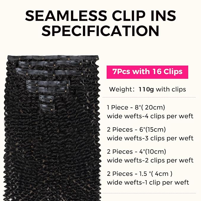 Lashey Seamless Clip in Hair Extensions Kinky Curly 110g 7pcs PU Weft Hair Extensions Clip in Human Hair with Invisi Edge Natural Black 20 Inch Real Human Hair Extensions for Women