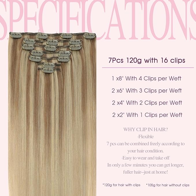 PINKPEARL Clip in Hair Extensions Real Human Hair #10/16/16 Golden Brown to Caramel Blonde Human Hair Clip in Hair Extensions 7pcs 120g 16inch Human Hair Extensios Clip ins(#10/16/16-16)