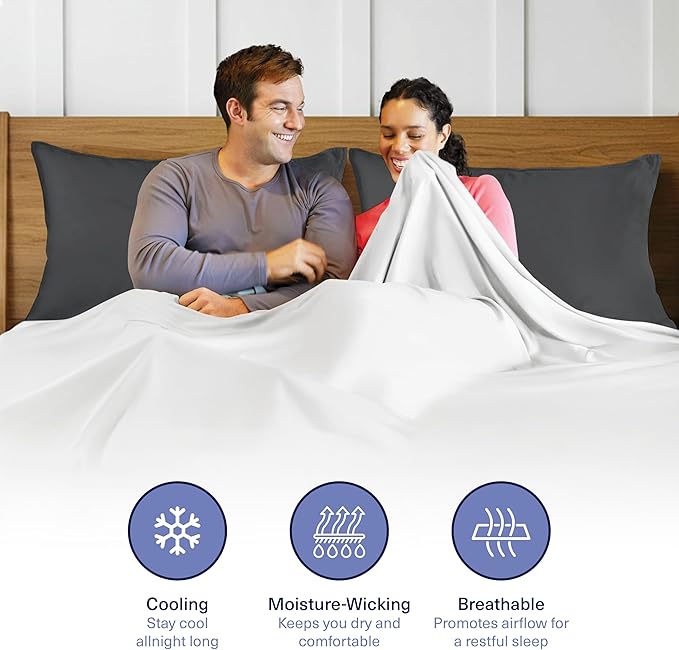 Kickoff Viscose Bamboo Pillowcase, Queen, Set of 2, 100% Organic Hidden Zippered Viscose Bamboo Pillow Case Queen Size, Cooling Pillow Cover for Hot Sleepers (20"x30", Pewter)