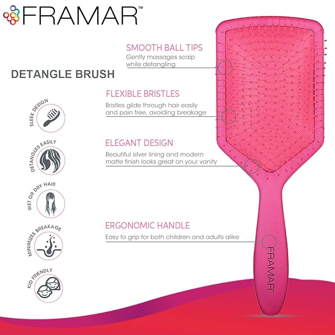 FRAMAR Paddle Hair Brush For Women – Wet Paddle Brush For Thick Hair, Wet Hair Brushes For Women, Pink Hair Brush Detangler – Reduces Breakage