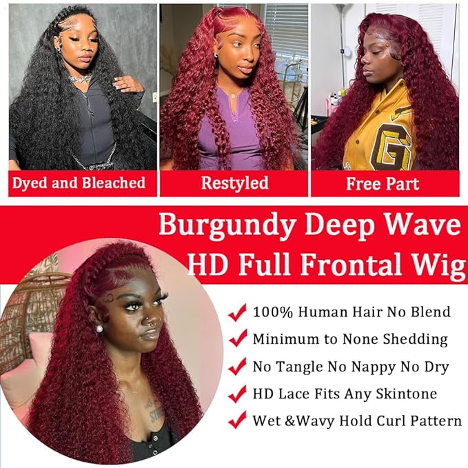 20 Inch 99J Burgundy Lace Front Wigs Human Hair 13x6 Hd Deep Wave Lace Front Wigs Human Hair Pre Plucked Red Colored Frontal Curly Wig For Women