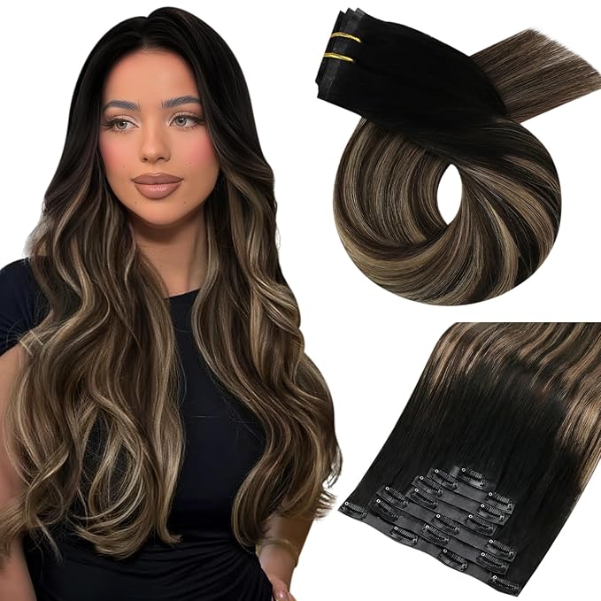 Moresoo Seamless Clip in Hair Extensions Human Hair Balayage Remy Straight PU Weft Human Hair Clip in Extensions Full Head Ombre Black to Brown with Caramel Blonde 7pcs/120g 14inch