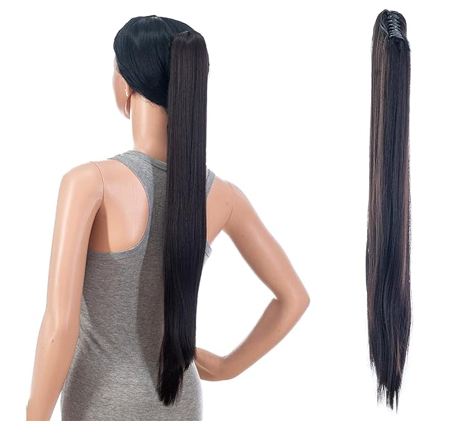 SWACC 28-Inch Long Straight Claw Clip Ponytail Extensions Synthetic Hair Extensions Ponytail Jaw Clip Hair Pieces for Women (Chestnut Brown-6#)