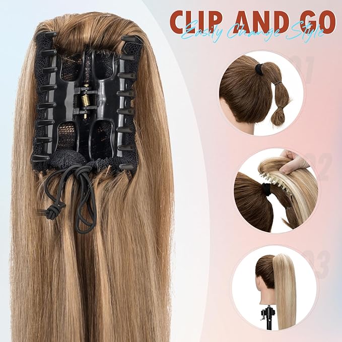 Hairro Claw Clip Ponytail Extension Human Hair Clip In Ponytail Jaw/Claw Jaw On Pony Tail Hairpieces For Women 22 Inch 120g #4P27 Medium Brown Mix Dark Blonde