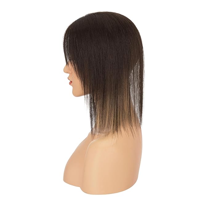 Hairro Human Hair Toppers with Side Bangs, 3D 360° Seamless Real Hair Toppers, Hand-Tied with 3.5"x4.7" U-shaped Base, Clip-In Hairpieces to Add Volume on Top, 12 Inch Dark Brown