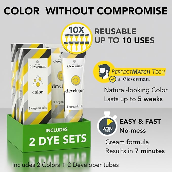 2X Reusable Hair & Beard Dye System for Men – Up to 10 Uses | 7-Minute Natural-Looking Gray Coverage | No-Drip Cream with SkinArmour® – Cleverman (Medium Brown)
