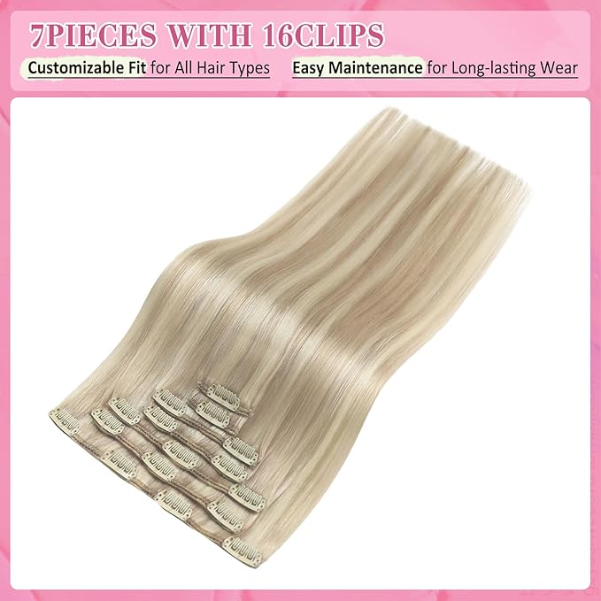 YoungSee 135G Blonde Clip in Human Hair Extensions Highlight Human Hair Clip in Extensions Warm Ash Blond Highlights Bleach Blonde Hair Extensions Clip ins Silky Remy Hair 16Inch 7Pcs