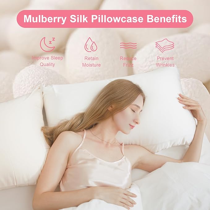 100% Silk Pillowcase 2 Pack for Hair and Skin, Both Sides 23 Momme Grade 6A+ Mulberry Silk Pillowcases with Hidden Zipper, Soft&Smooth Cooling Pillow Cases (White, Standard 20×26)