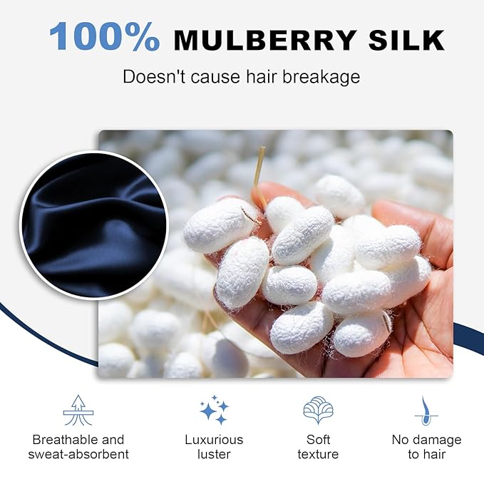 1 Piece Silk Bow Scrunchies for Hair-100% Pure Mulberry 22 Momme Silk Hair Tie, Elastic Ponytail Holder, Elegant Soft Bow Hair Ties Band for Women Hair Care, Multiple Colours (NAVY BLUE)