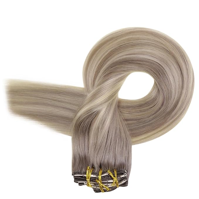 Full Shine Clip in Extensions Real Human Hair Grey to Blonde 20 Inch Balayage Grey Hair Extensions Real Human Hair Clip ins 7 Pcs 120 G
