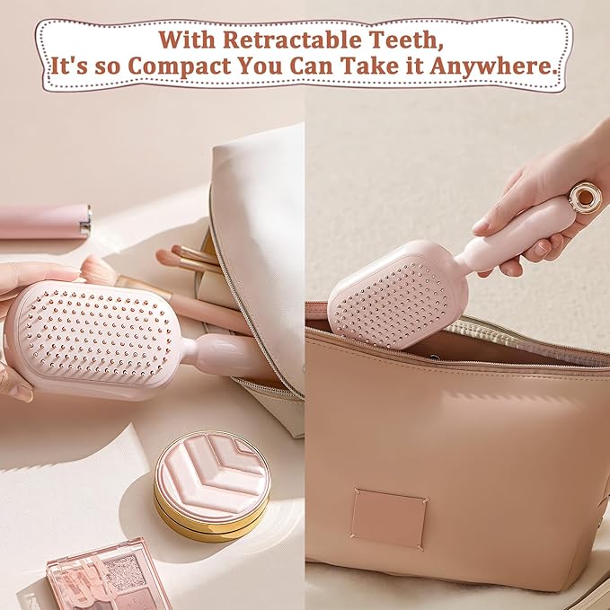 Retractable Cushion Massage Comb Brush, Pull Ring Cushion Massage Brush, Anti-Static Easy-Clean Massage Comb, Portable Travel, Smooth Clean Detangling Comb for All Hair Types(Pink)