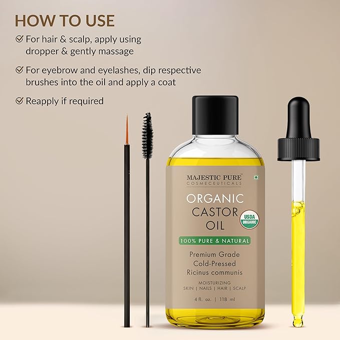 Majestic Pure USDA Organic Castor Oil - 100% Pure & Natural - Premium Grade, Cold Pressed, Hexane Free - Hair, Eyelashes, Eyebrows, Nails - Moisturizing & Nourishing - 4 Fl Oz