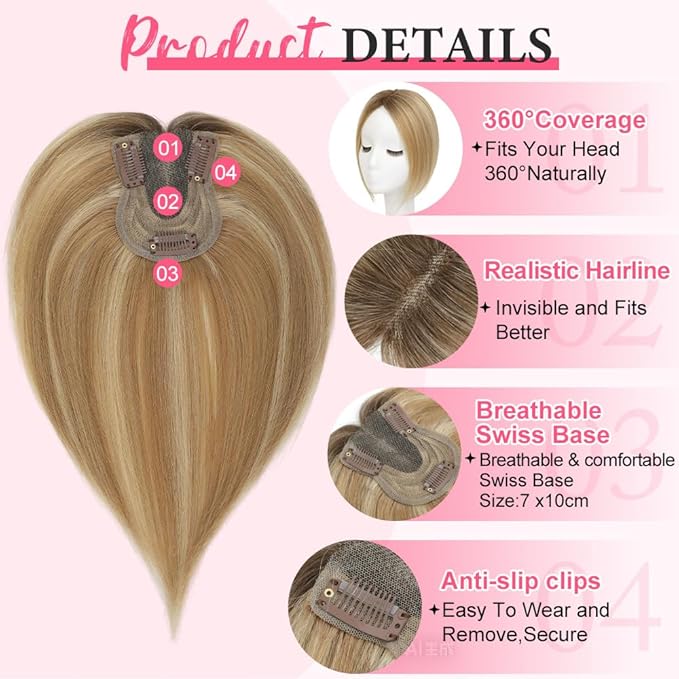 Hair Toppers for Women Real Human Hair Topper for Women with No Bangs Hairpieces Comfortable and Breathable 10 Inch Swiss Base 3D 360°Cover (Medium Brown to Creamy lced Blond, 10 Inch-3D-Side)
